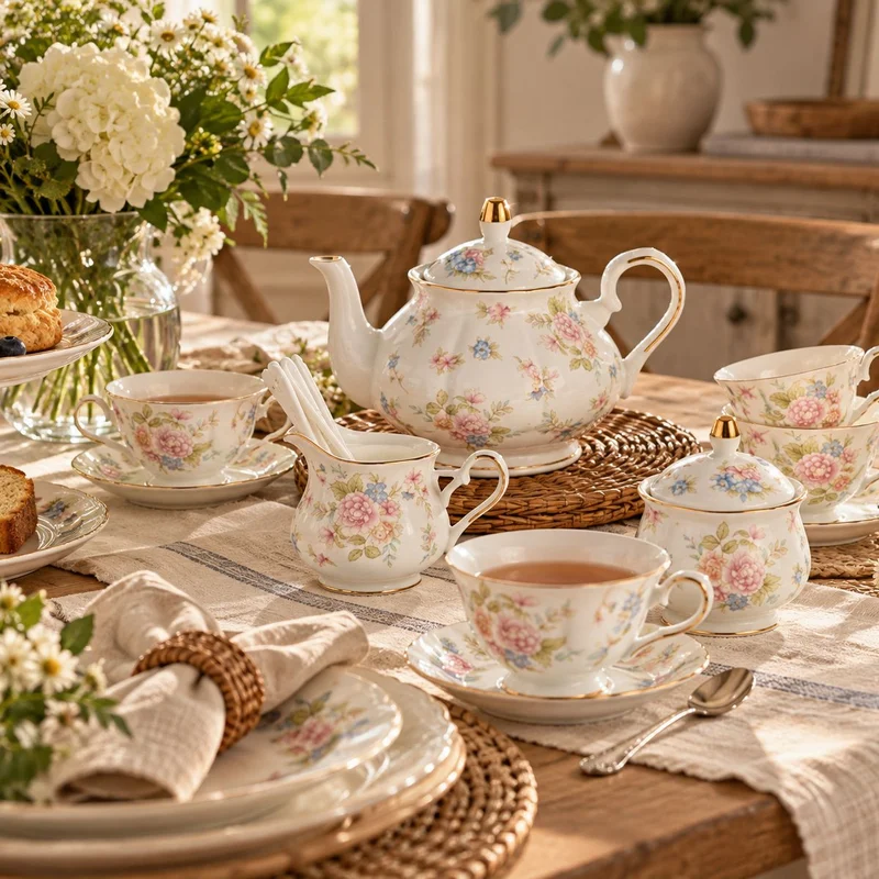 Conjunto de chá de porcelana floral, 22 peças (Sweejar)